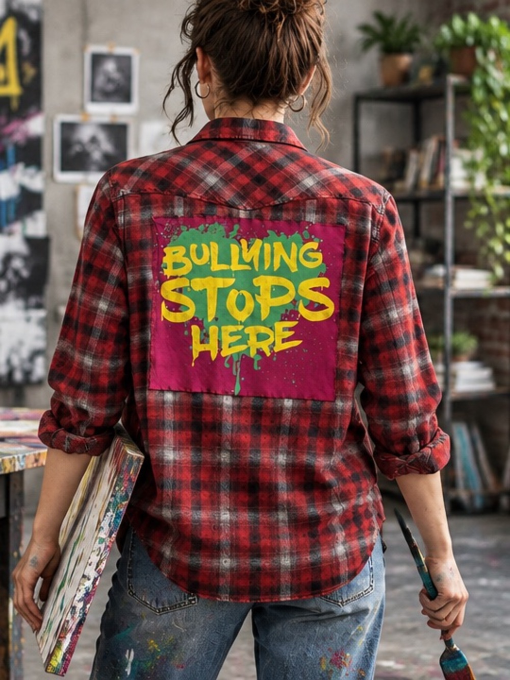 Custom upcycled “Anti Bullying” western style plaid shirt.